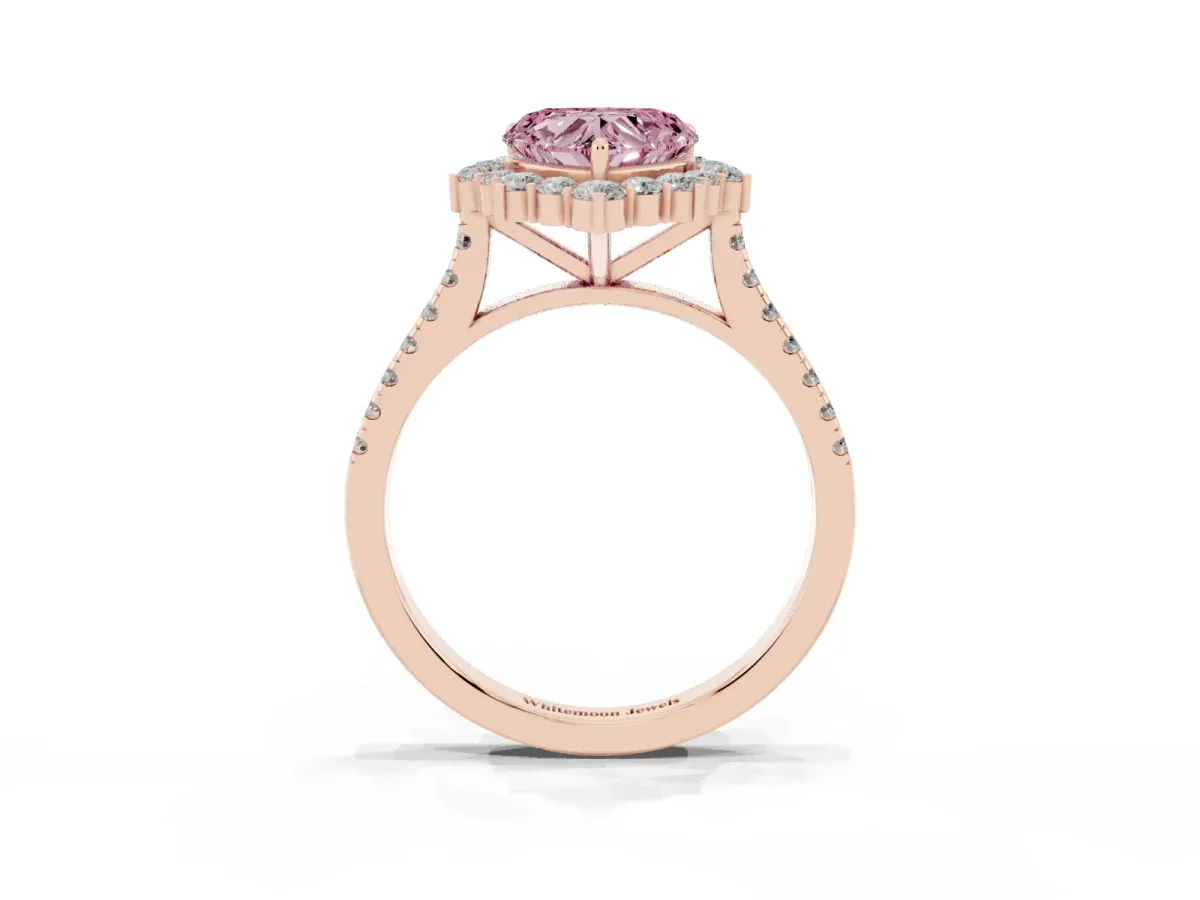 Fancy Pink Heart Cut Halo Diamond Ring with Pavé Band and Prong Setting Rose gold