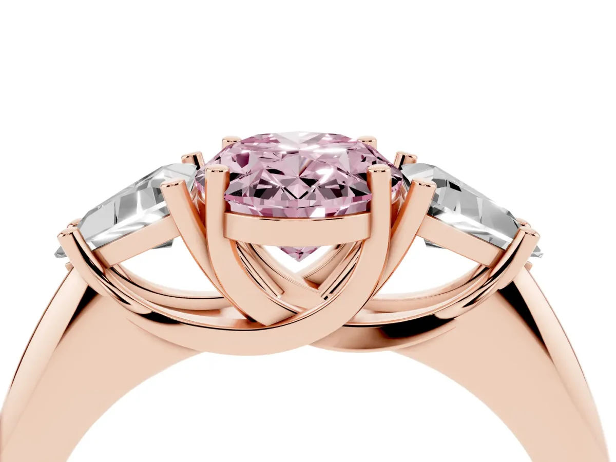 Fancy Pink Three-Stone Oval Cut Diamond Engagement Ring with Trillion Side Stones and Prong Setting Rose gold