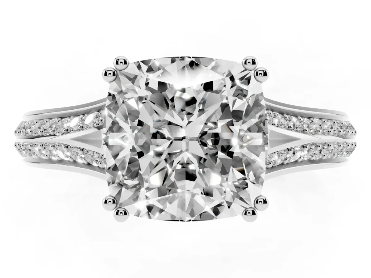 Cushion Cut Diamond Split Shank Engagement Ring with Pavé Band White gold