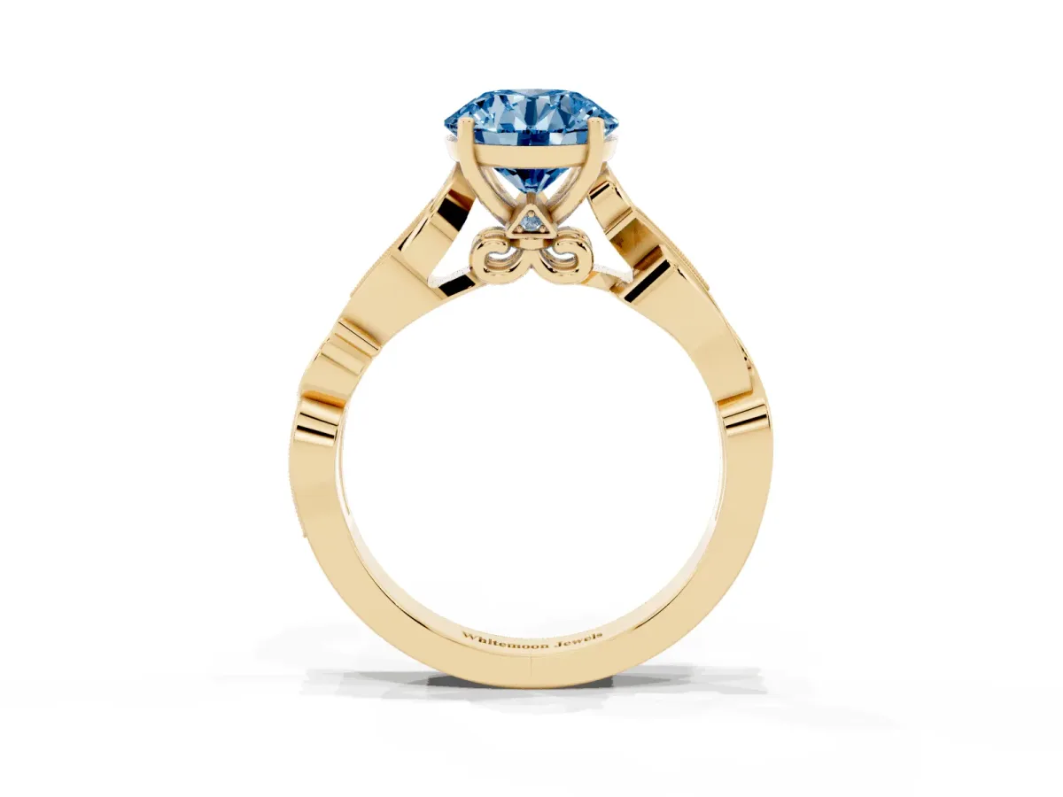 Fancy Blue Round Cut Solitaire Vine Band with Milgrain Prong Setting Yellow gold