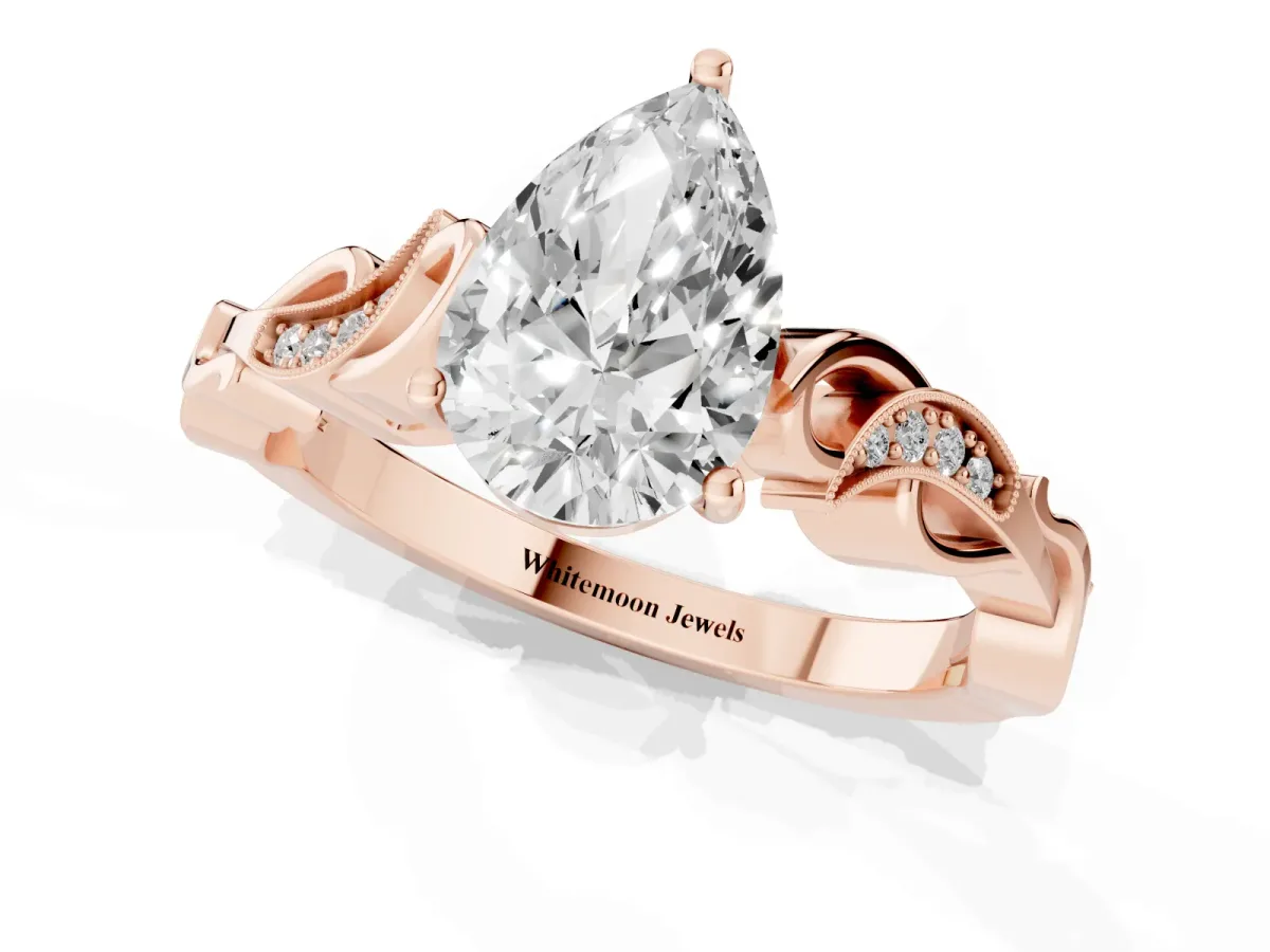 Pear Cut Solitaire Vine Band with Milgrain Prong Setting Rose gold