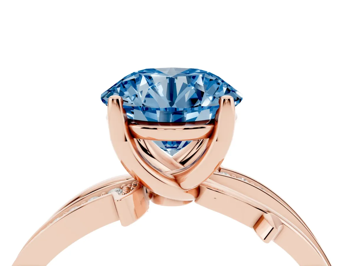 Fancy Blue Round Cut Solitaire Twist Band with Pavé Accents and Four-Prong Setting Rose gold