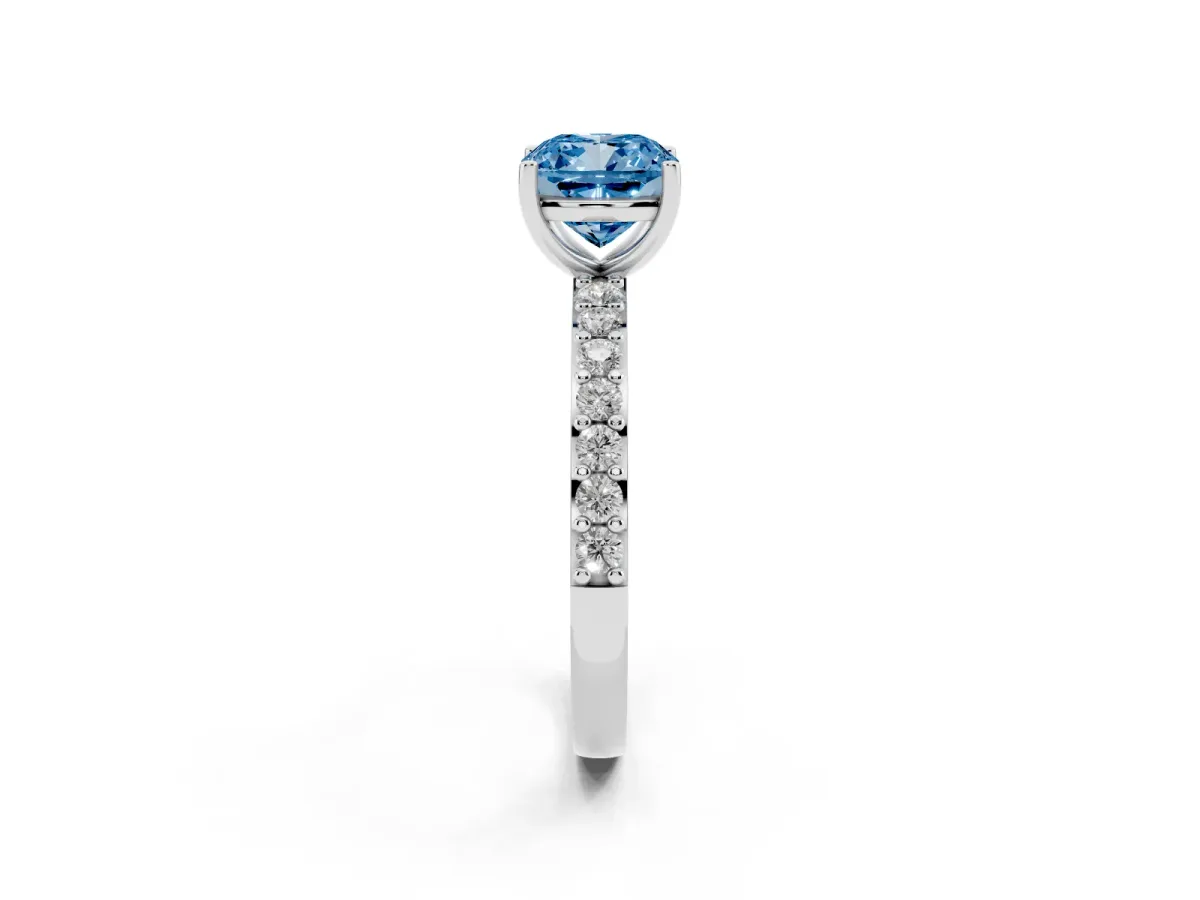 Fancy Blue Cushion Cut Cut Diamond Solitaire with Pave Band and Four-Prong Setting Silver