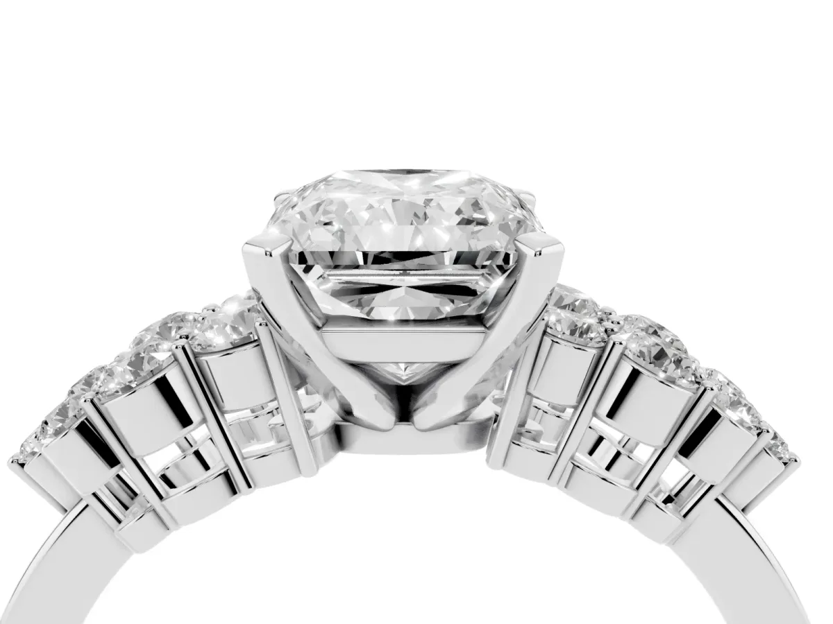 Radiant Cut Cluster Diamond Engagement Ring with Pavé Band and Four-Prong Setting Silver