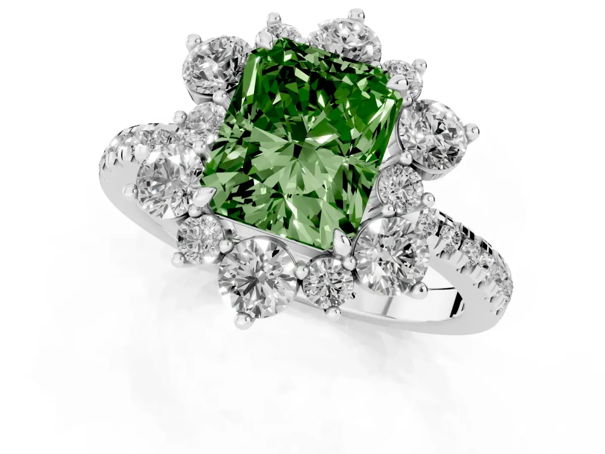 Fancy Green Radiant Cut Diamond Floral Halo Ring with Round Pavé Band and Prong Setting Silver