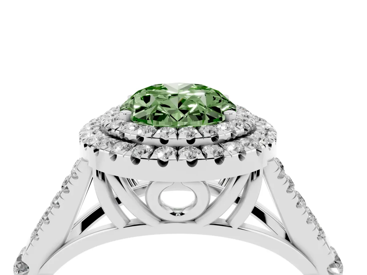 Fancy Green Oval Cut Diamond Pavé Split Shank Double Halo Engagement Ring Silver