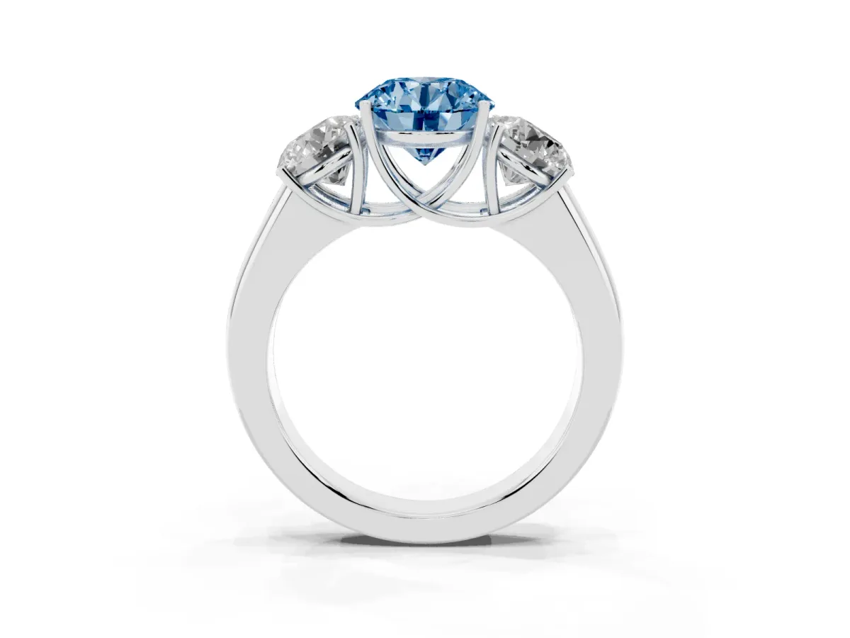 Fancy Blue Three-Stone Round Cut Cut Diamond Ring with Prong Setting and Classic Band Silver