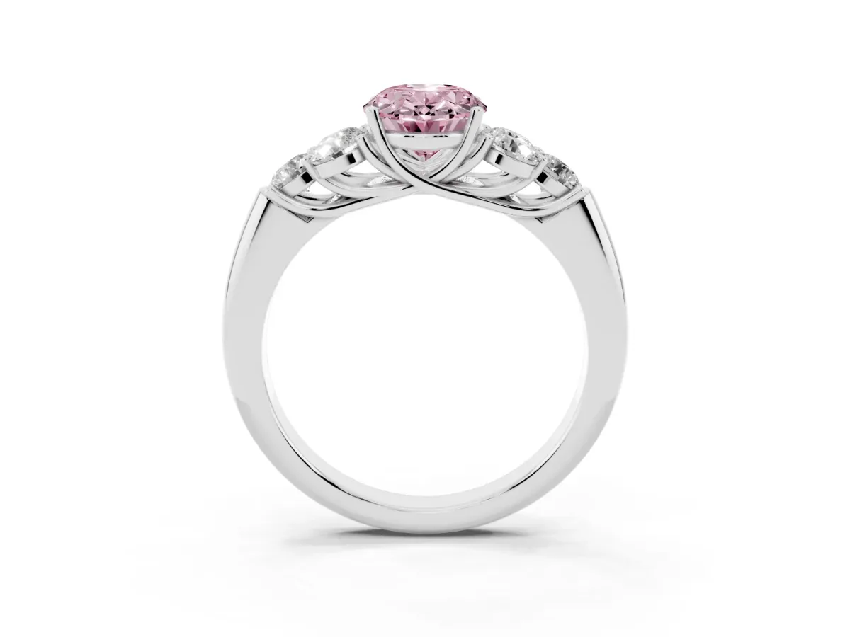 Fancy Pink Oval Cut Cut Diamond Cluster Ring with Round Accent Stones and Prong Setting on a Classic Band Platinum