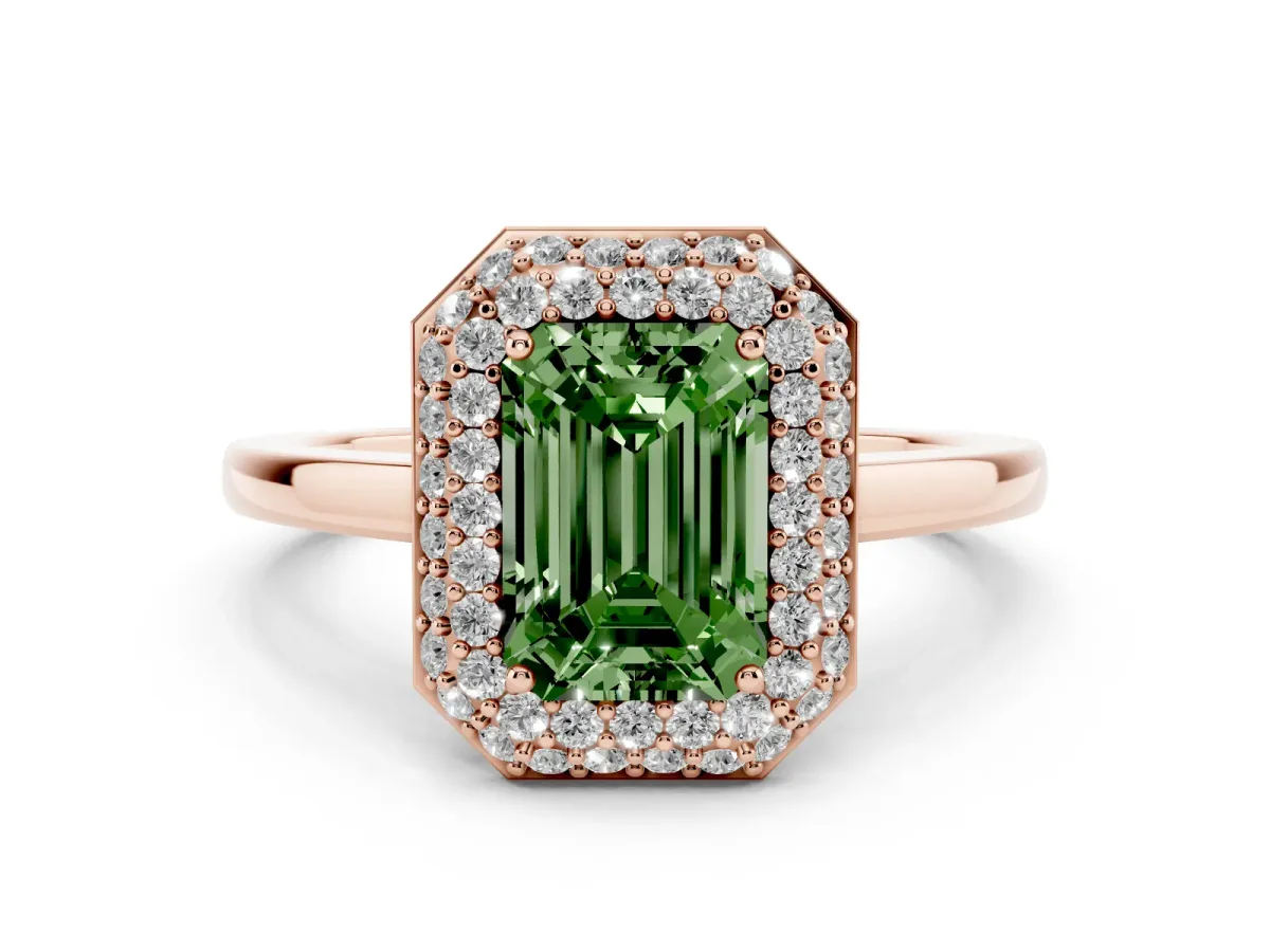 Fancy Green Emerald Cut Halo Diamond Engagement Ring with Solitaire Band and Four-Prong Setting Rose gold