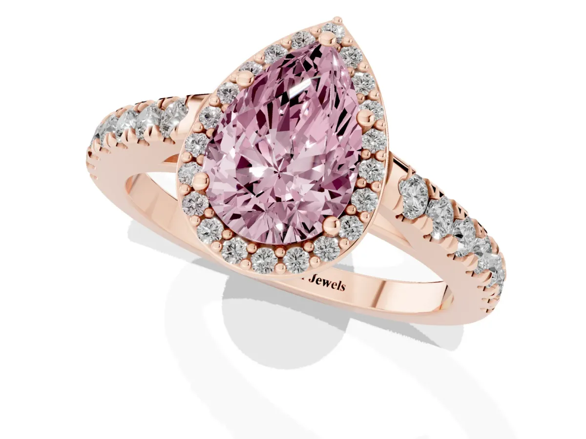 Fancy Pink Pear Cut Cut Halo Diamond Engagement Ring with Pave Band and Four-Prong Setting Rose gold