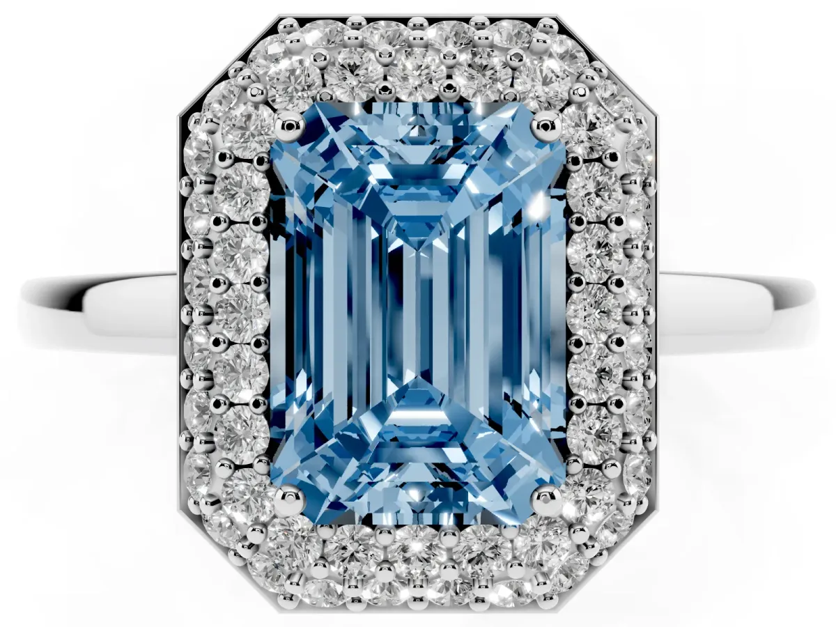 Fancy Blue Emerald Cut Halo Diamond Engagement Ring with Solitaire Band and Four-Prong Setting Silver