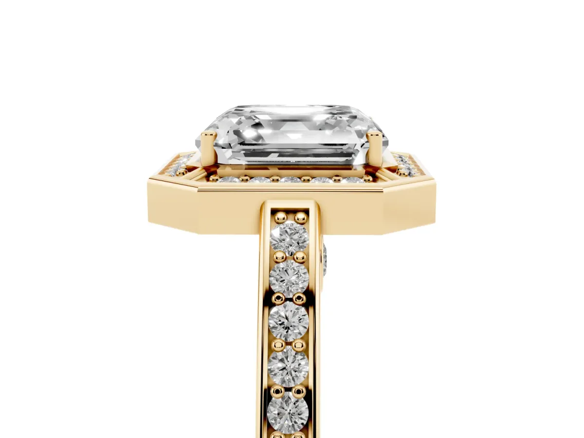 Asscher Cut Cut Halo Pave Split Shank Prong Setting Ring Yellow gold