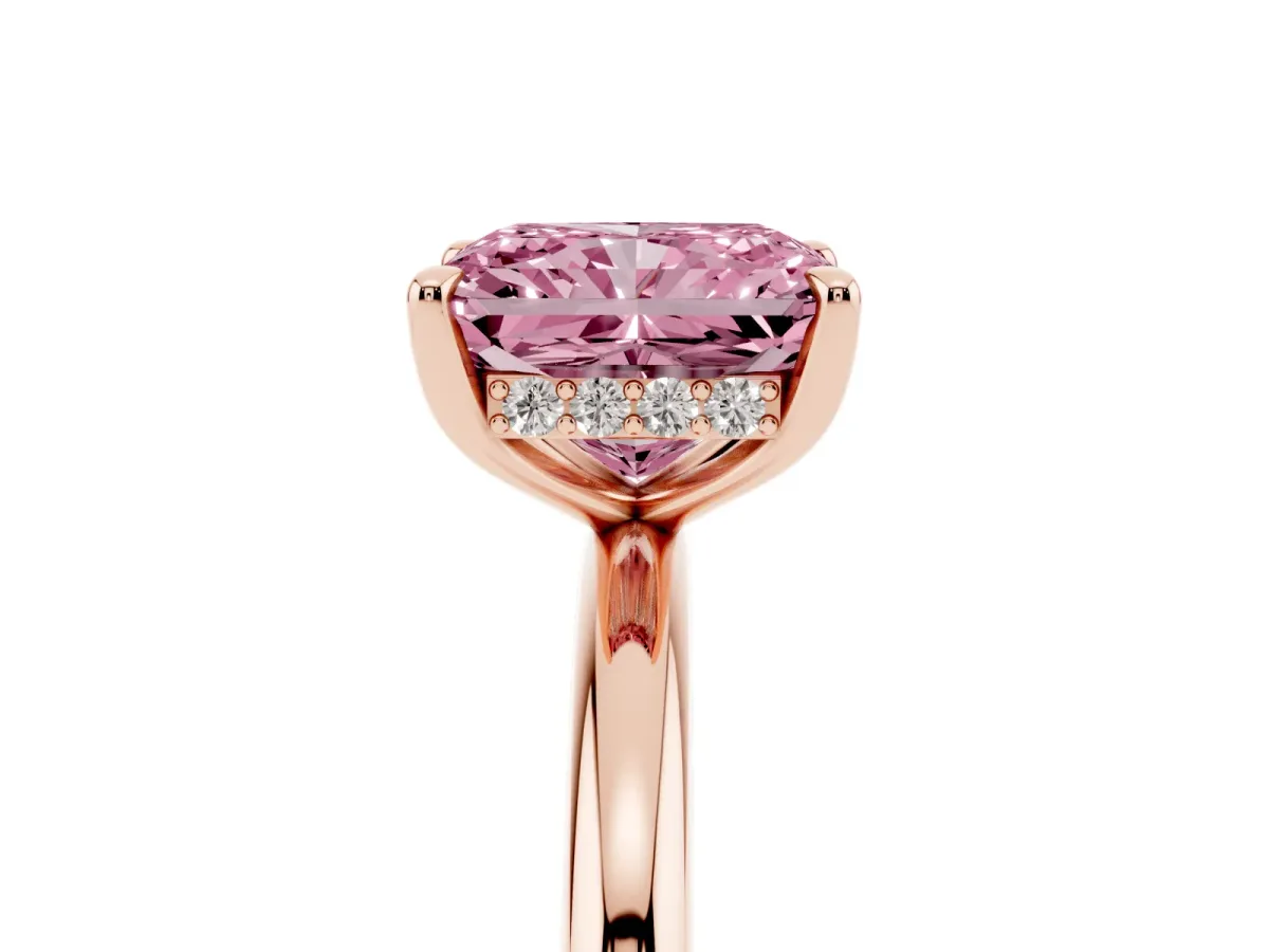 Fancy Pink Radiant Cut Diamond Solitaire Ring with Thin Band and Four-Prong Setting Rose gold