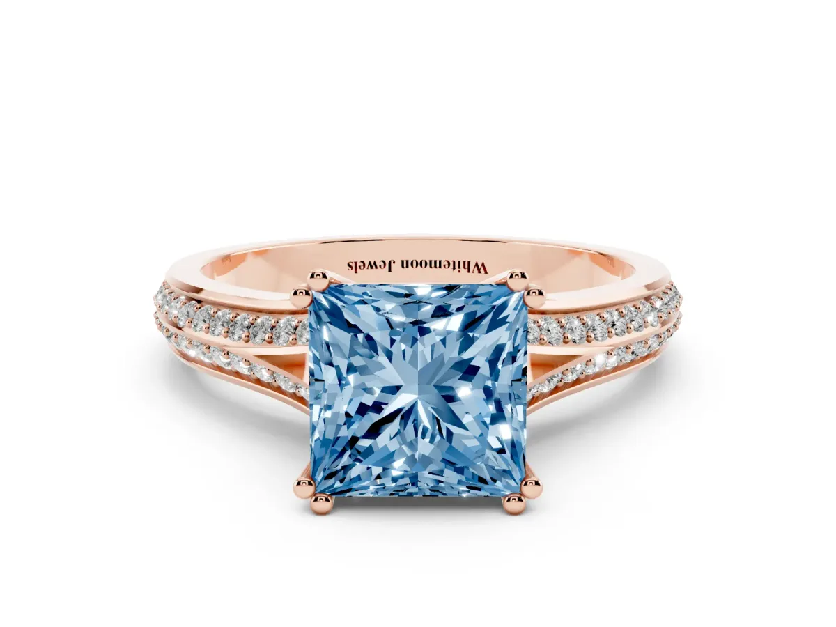 Fancy Blue Princess Cut Diamond Split Shank Engagement Ring with Pavé Band Rose gold