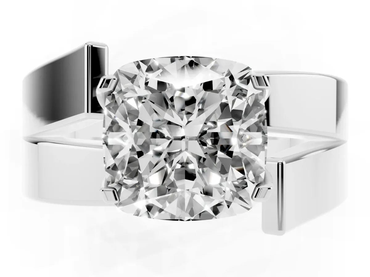 Modern Tension Set Cushion Cut Diamond Solitaire Wide Band Ring Silver