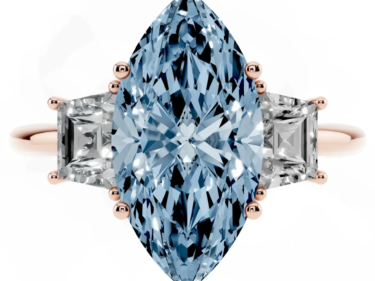 Fancy Blue Marquise Cut Diamond Three-Stone Ring with Trapezoid Side Stones and Prong Setting Rose gold