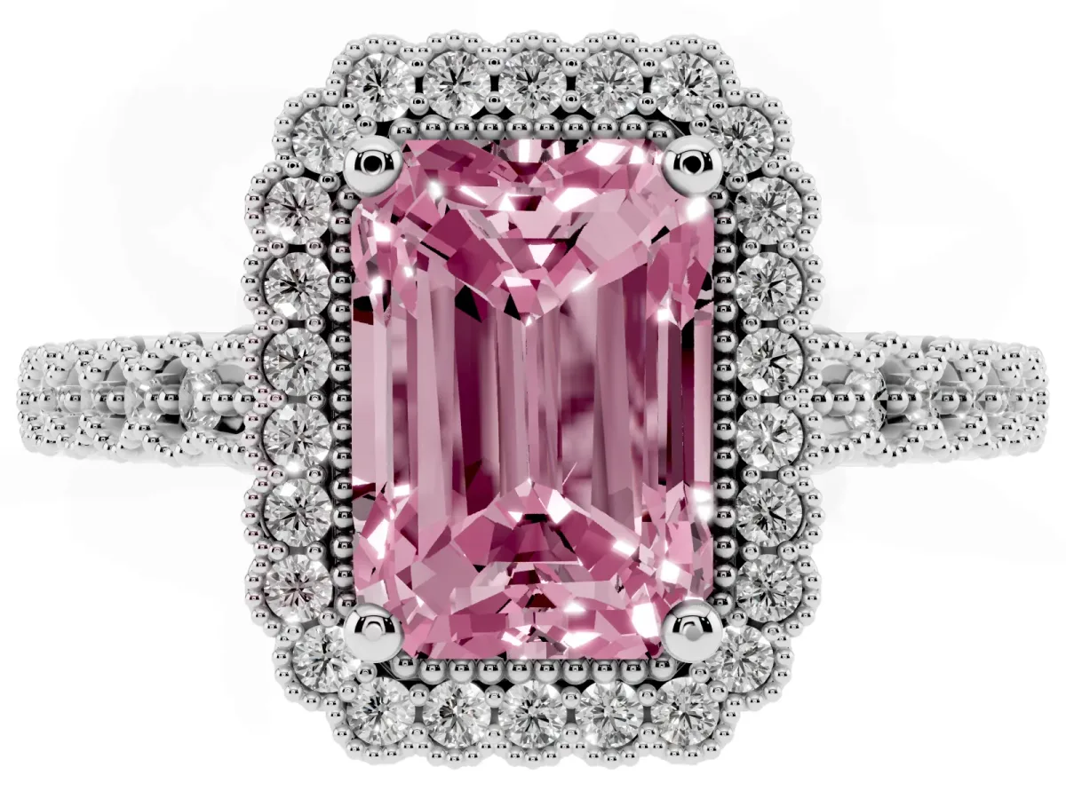 Fancy Pink Radiant Cut Cut Halo Pavé Solitaire Ring with Milgrain Band White gold