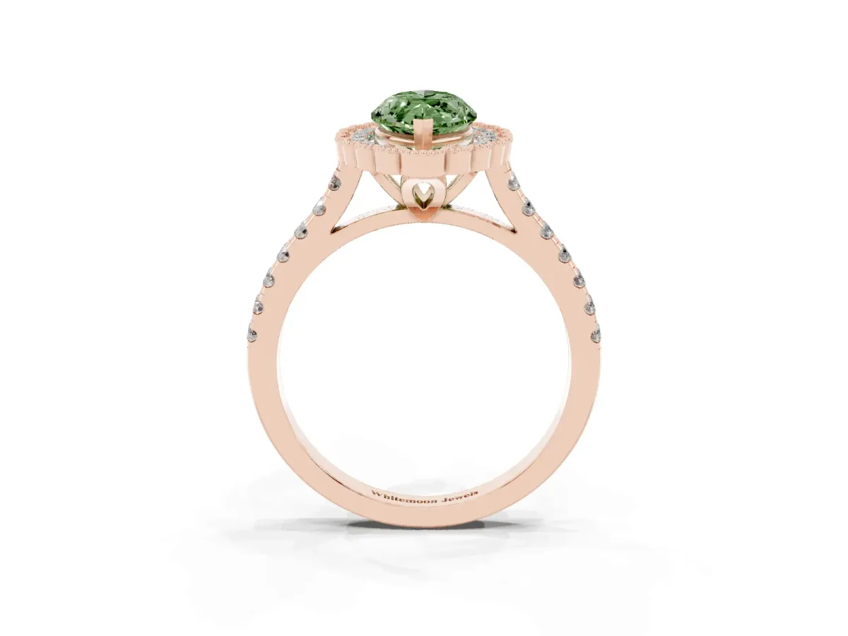 Fancy Green Marquise Cut Cut Diamond Milgrain Floral Halo Engagement Ring with Pavé Band Rose gold