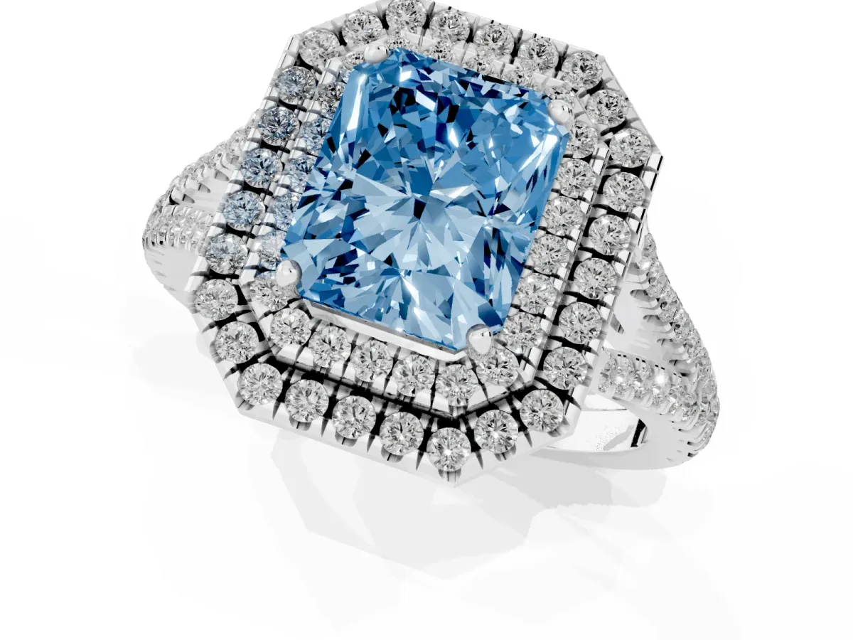 Fancy Blue Radiant Cut Diamond Double Halo Ring with Pavé Band and Prong Setting White gold