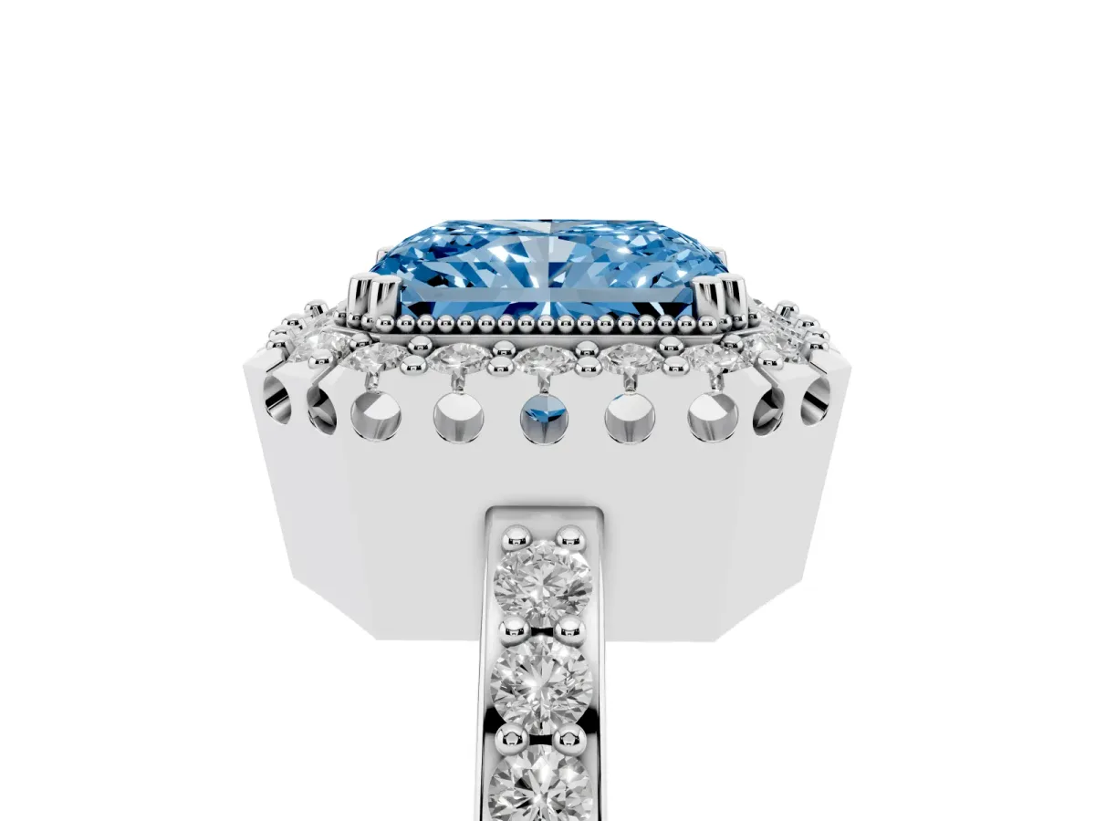 Fancy Blue Radiant Cut Diamond Halo Ring with Pavé Band and Prong Setting Platinum