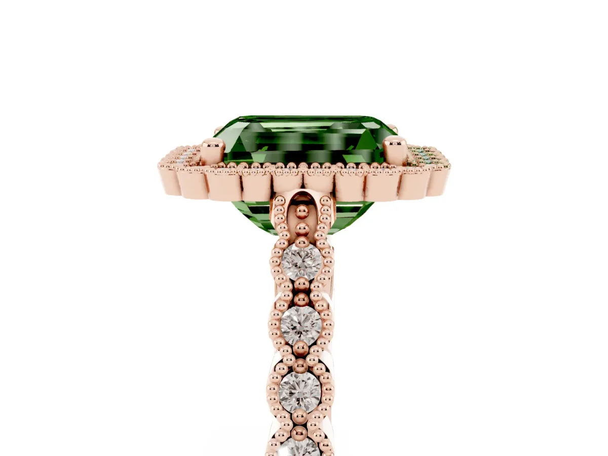 Fancy Green Radiant Cut Cut Halo Pavé Solitaire Ring with Milgrain Band Rose gold