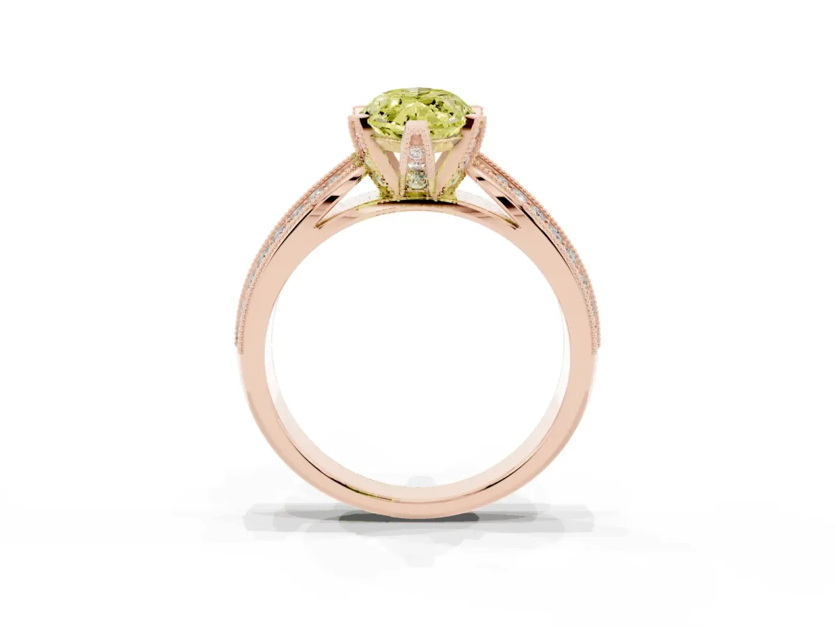 Fancy Yellow Marquise Cut Diamond Solitaire Ring with Milgrain Round Pavé Band and Prong Setting Rose gold