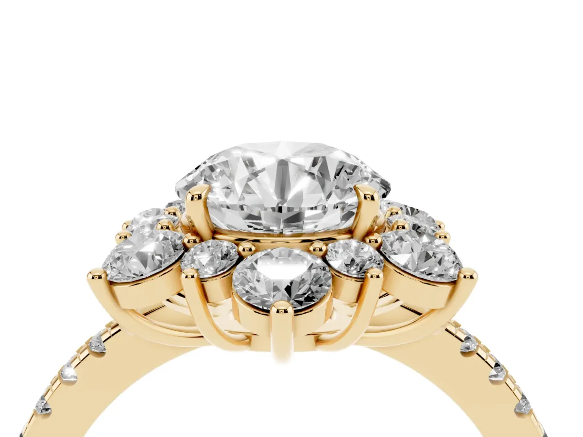 Round Cut Diamond Floral Halo Ring with Round Pavé Band and Prong Setting Yellow gold
