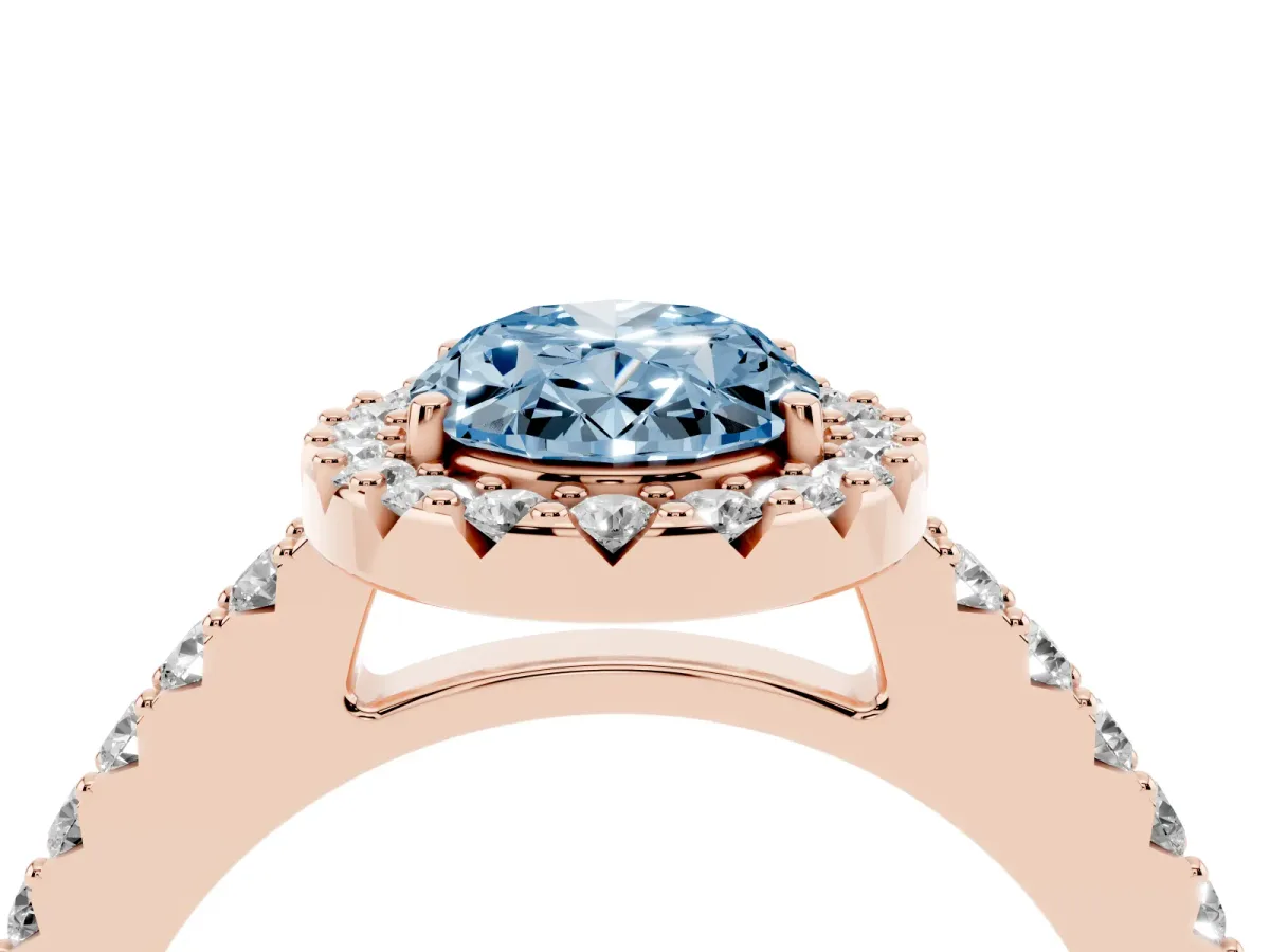 Fancy Blue Oval Cut Halo Diamond Pavé Solitaire Ring Rose gold