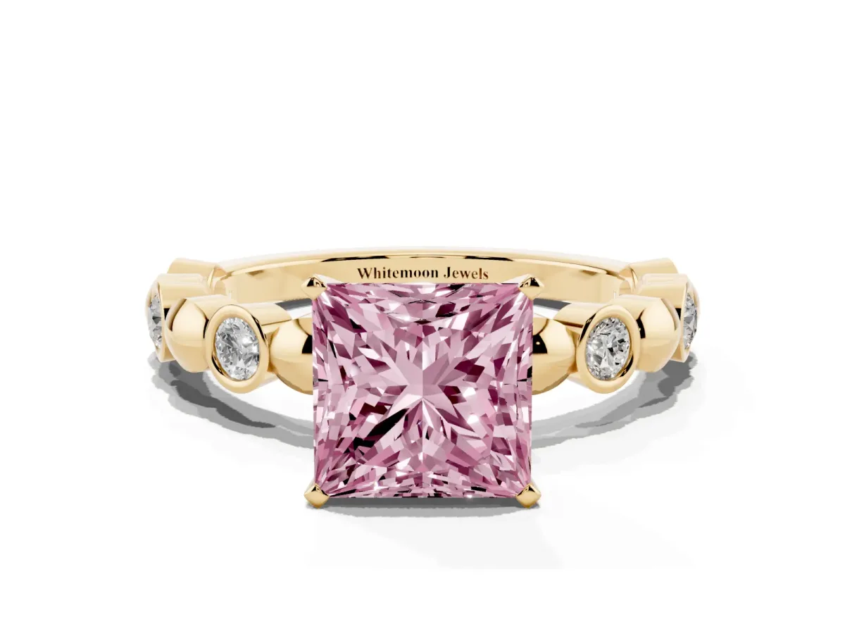 Fancy Pink Princess Cut Solitaire Bezel-Set Diamond Ring with Beaded Band and Four-Prong Setting Yellow gold