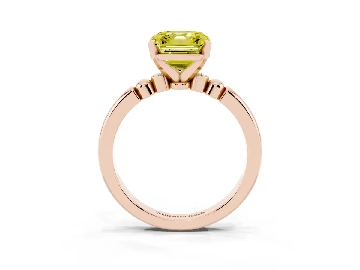 Fancy Yellow Asscher Cut Solitaire Beaded Band with Four-Prong Setting Rose gold
