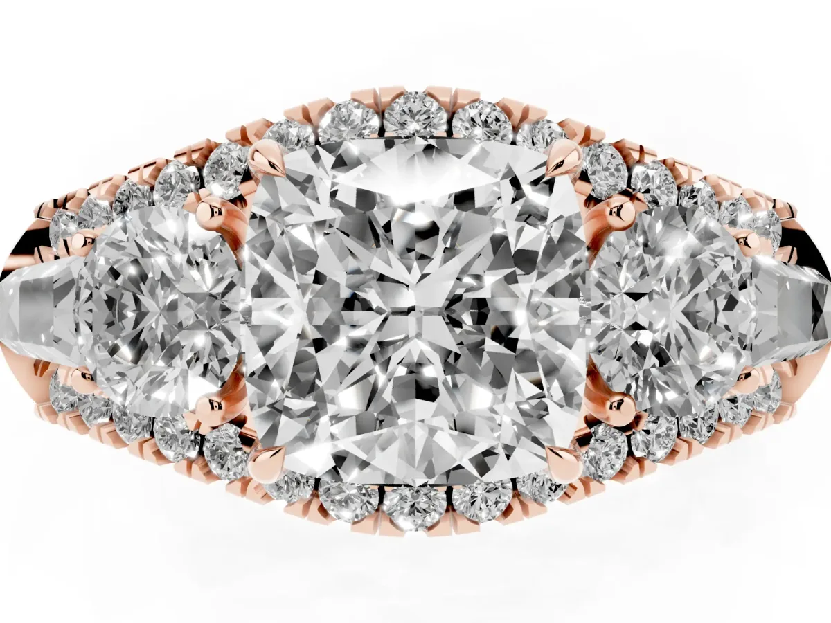 Three-Stone Cushion Cut Diamond Engagement Ring with Pave Band and Prong Setting Rose gold