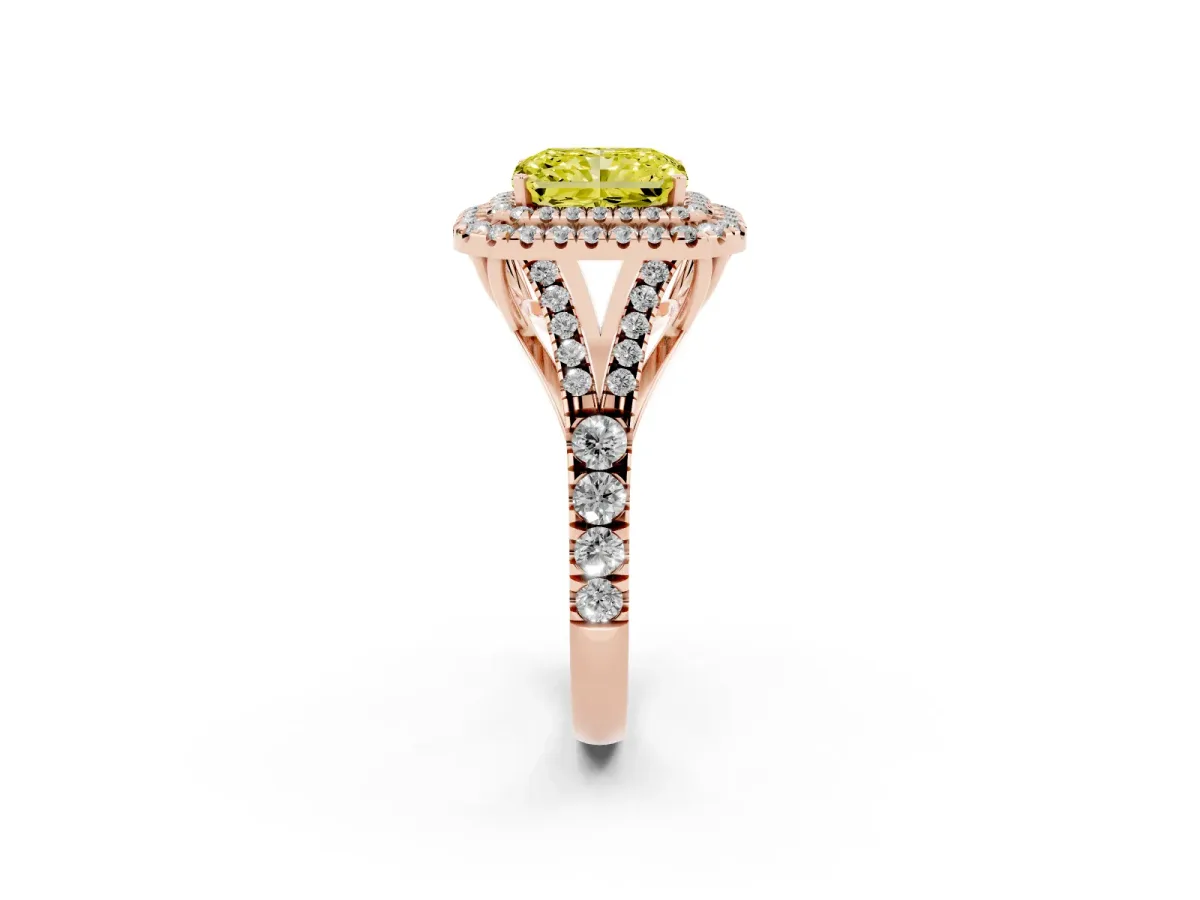 Fancy Yellow Radiant Cut Cut Double Halo Split Shank Diamond Ring with Prong Setting Rose gold