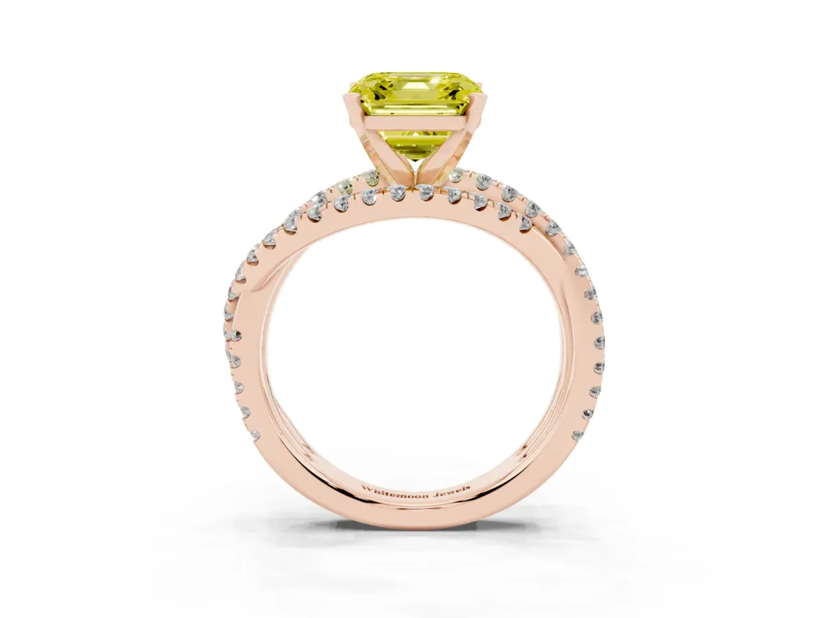 Fancy Yellow Asscher Cut Solitaire Twist Band with Pavé Setting and Four-Prong Setting Rose gold