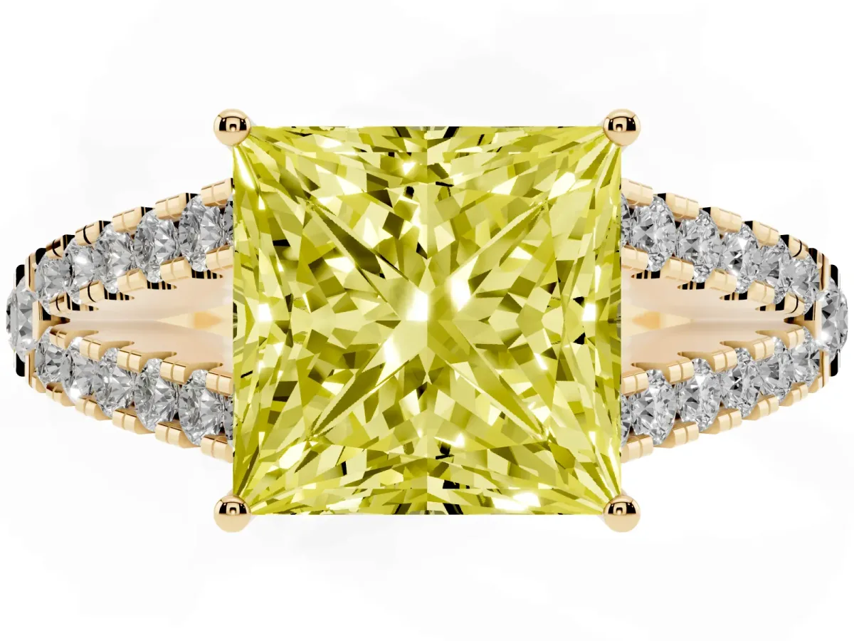Fancy Yellow Princess Cut Diamond Split Shank Pavé Engagement Ring with Four-Prong Setting Yellow gold