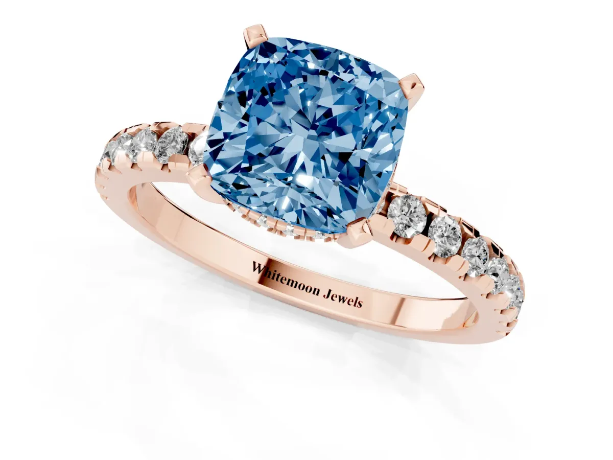Fancy Blue Cushion Cut Diamond Solitaire Ring with Round Pavé Band and Four-Prong Setting Rose gold