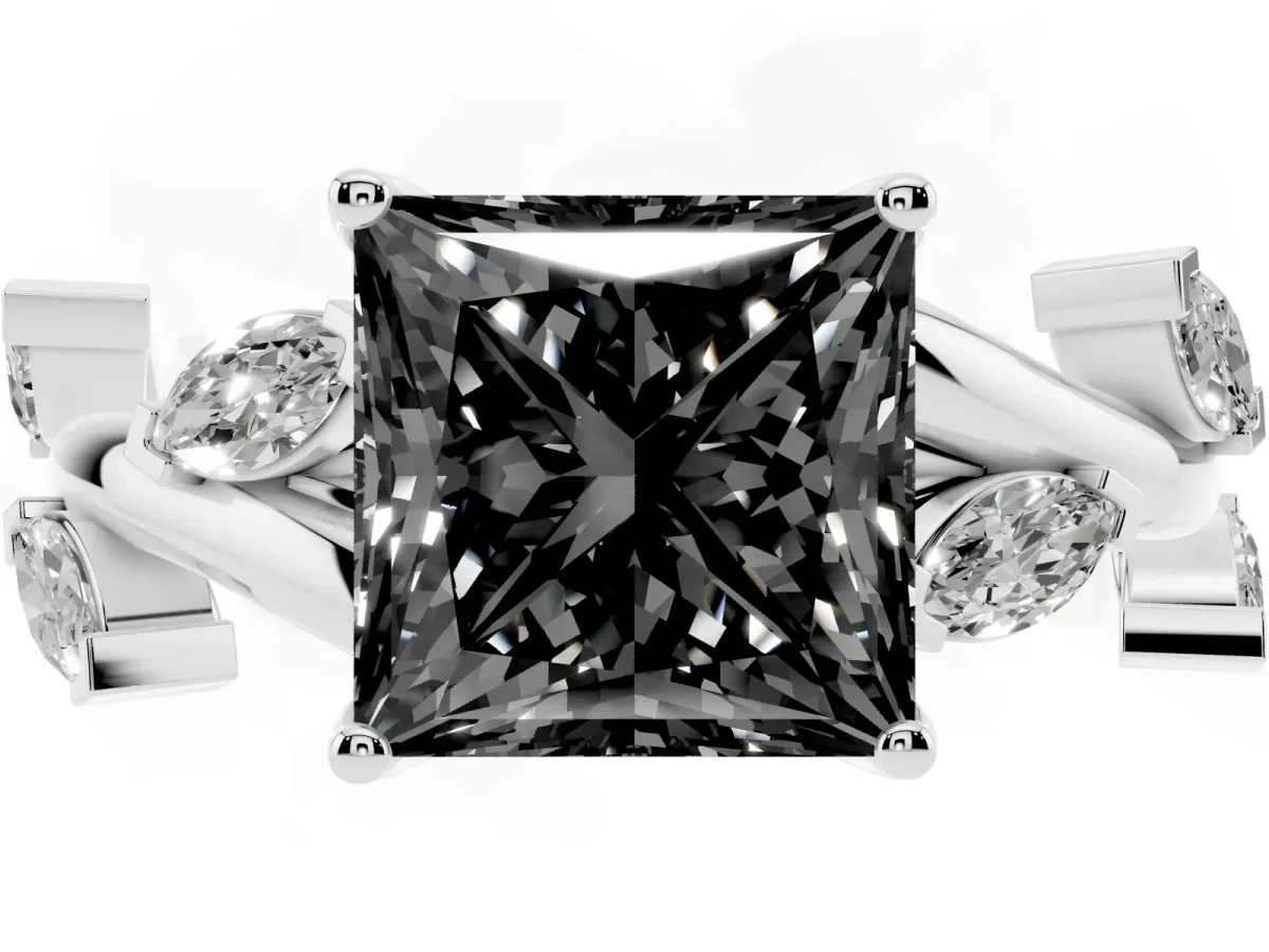 Fancy Black Princess Cut Solitaire Twisted Band Marquise Accent Prong Setting Ring Platinum