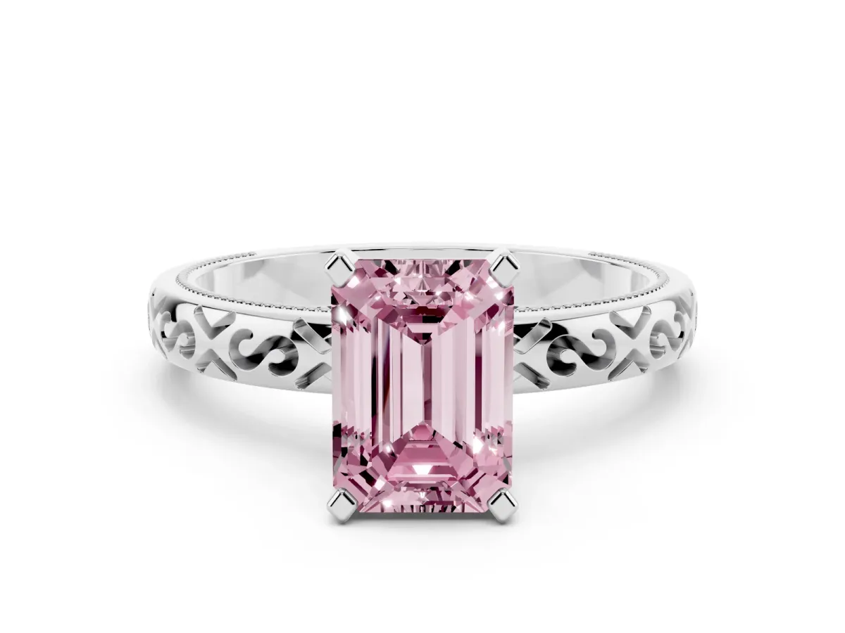Fancy Pink Emerald Cut Solitaire Engagement Ring with Scrollwork Band and Four-Prong Setting White gold