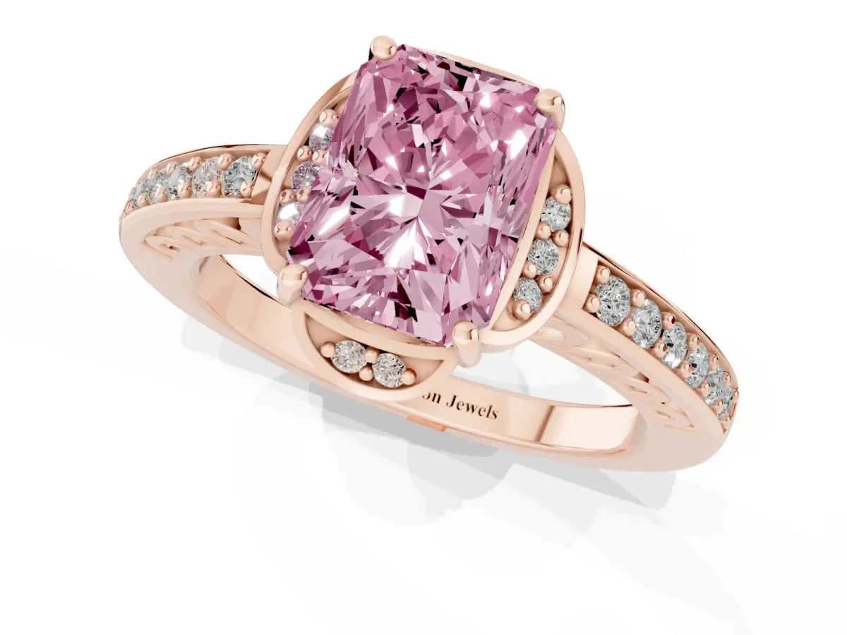 Fancy Pink Radiant Cut Cut Halo Diamond Ring with Channel Set Band and Four-Prong Setting Rose gold
