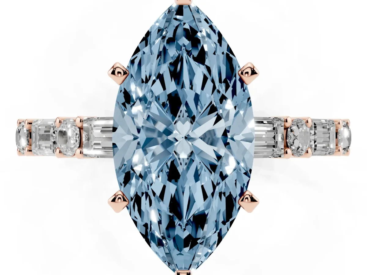 Fancy Blue Marquise Cut Diamond Solitaire with Side Baguettes and Channel Set Band Rose gold