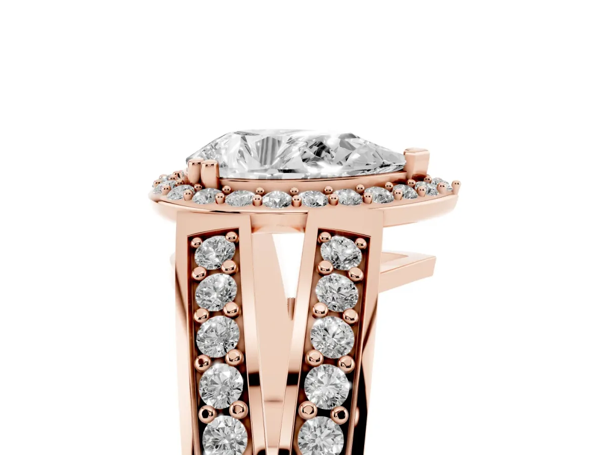 Pear Cut Diamond Halo Ring with Split Shank Pavé Band and Four-Prong Setting Rose gold