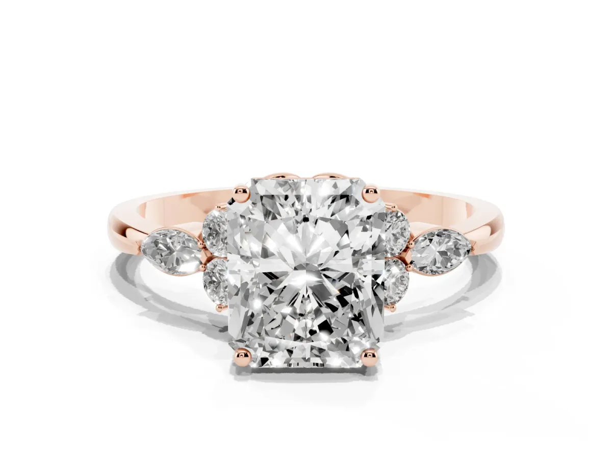 Radiant Cut Brilliant Diamond Solitaire Ring with Pear Side Stones and Four-Prong Setting Rose gold