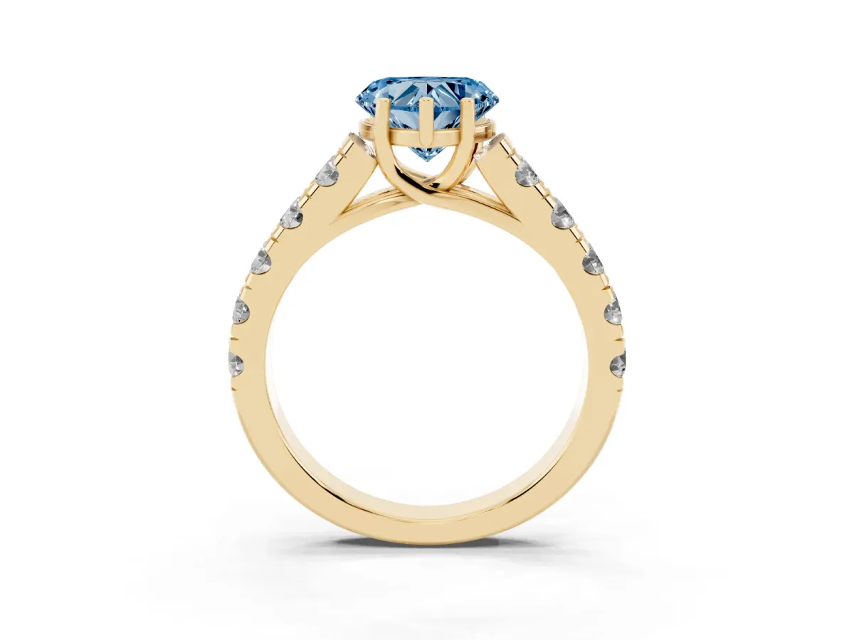 Fancy Blue Heart Cut Cut Diamond Solitaire Ring with Micro Pave Band and Prong Setting Yellow gold