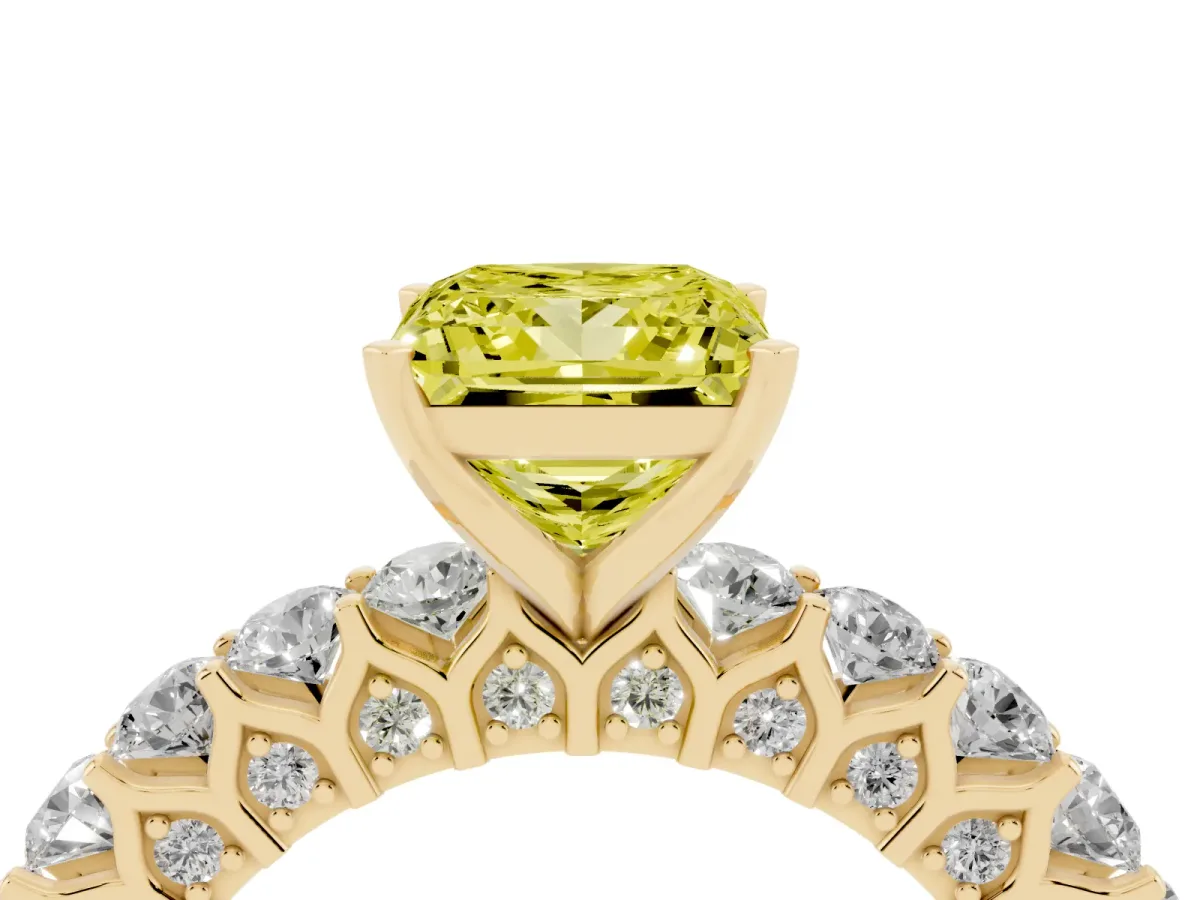 Fancy Yellow Princess Cut Diamond Solitaire Ring with Shared Prong Pavé Band and Four-Prong Setting Yellow gold