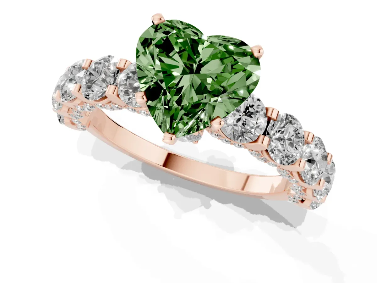 Fancy Green Heart Cut Diamond Side Stone Engagement Ring with Four-Prong Setting Rose gold