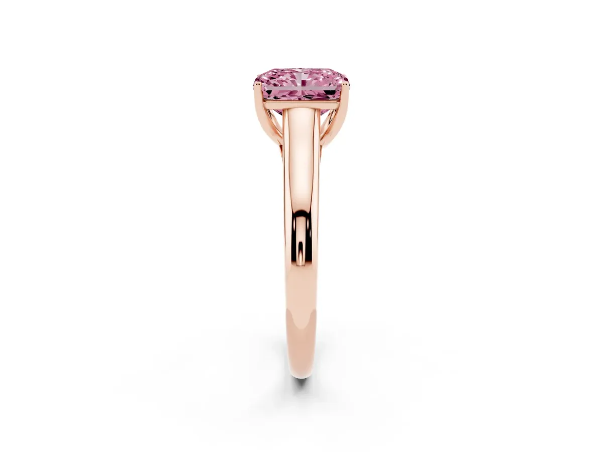 Fancy Pink Radiant Cut Solitaire Engagement Ring with Tapered Band and Four-Prong Setting Rose gold