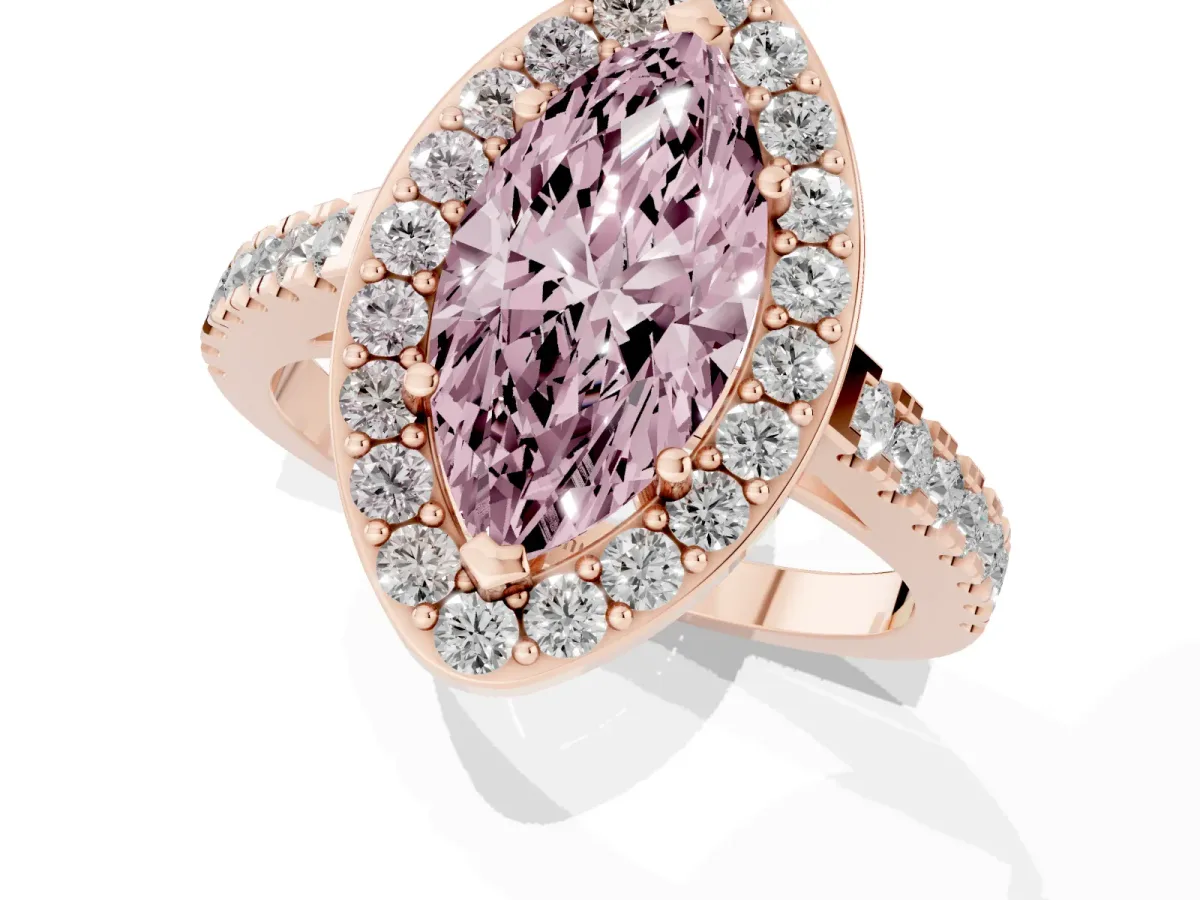 Fancy Pink Marquise Cut Diamond Halo Ring with Round Pavé Split Shank and Prong Setting Rose gold