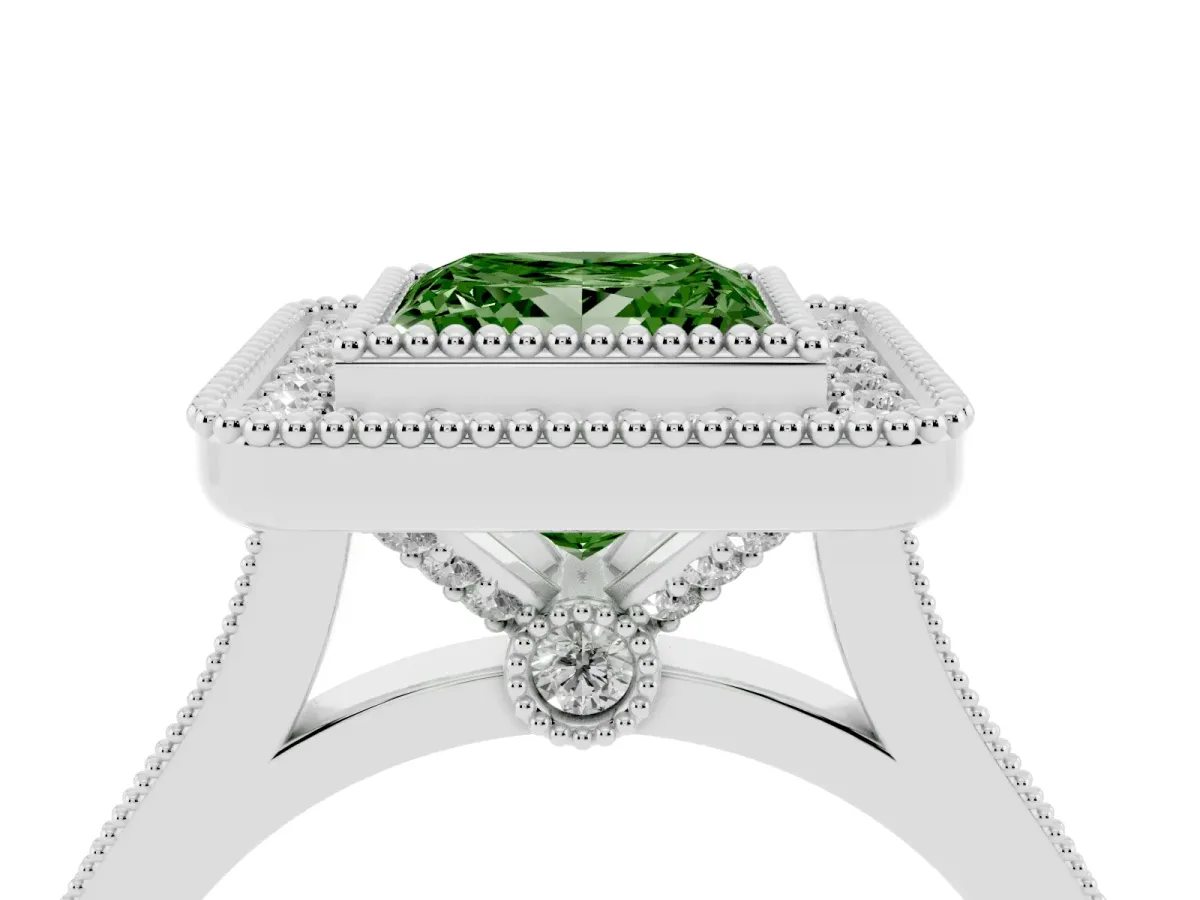 Fancy Green Princess Cut Diamond Halo Ring with Milgrain Frame and Pavé Band Platinum