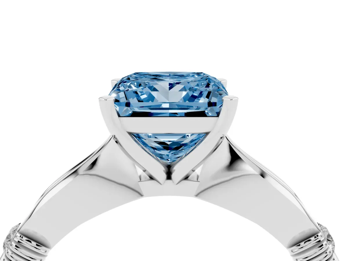 Fancy Blue Princess Cut Solitaire Diamond Twisted Band with Four-Prong Setting Platinum