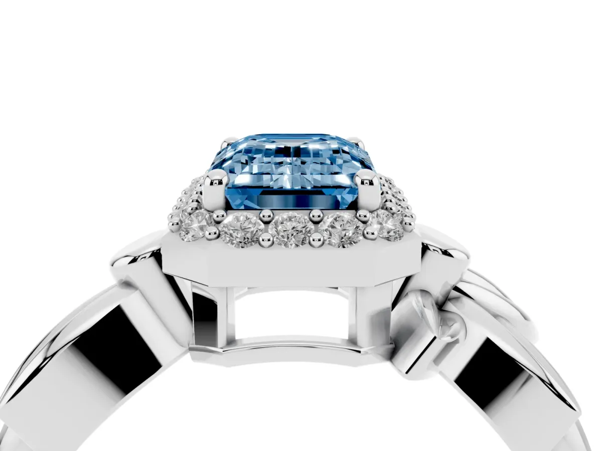 Fancy Blue Emerald Cut Halo Diamond Floral Band with Four-Prong Setting White gold