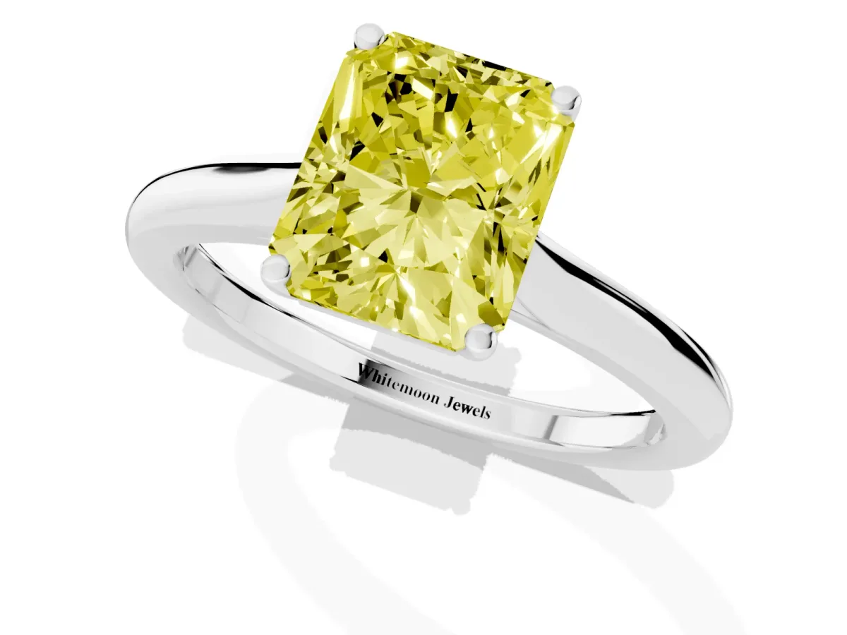 Fancy Yellow Radiant Cut Cut Solitaire Ring with Cathedral Band and Four-Prong Setting Silver